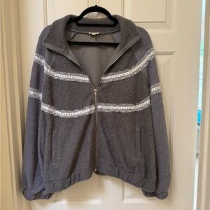 POL Gray Zip-Up Jacket with White Stripes